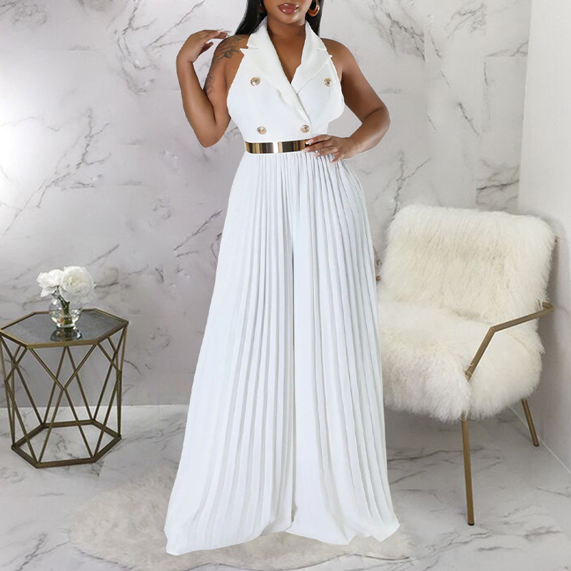 Ladies Elegant V Neck Sexy Backless Pleated Jumpsuit