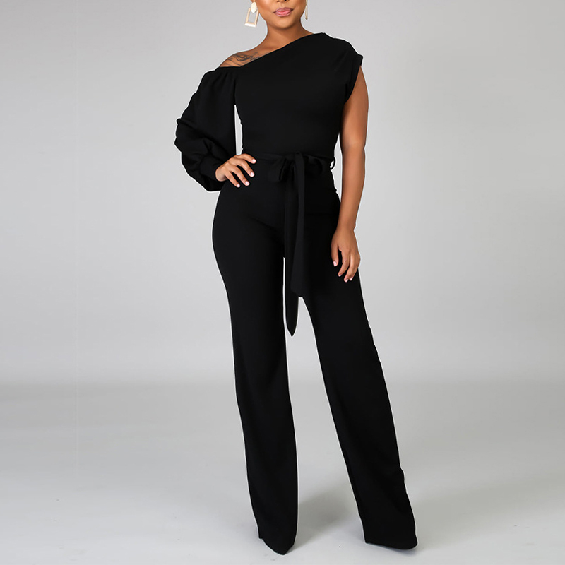 Ladies Elegant Solid Color One Shoulder Wide Leg Jumpsuit