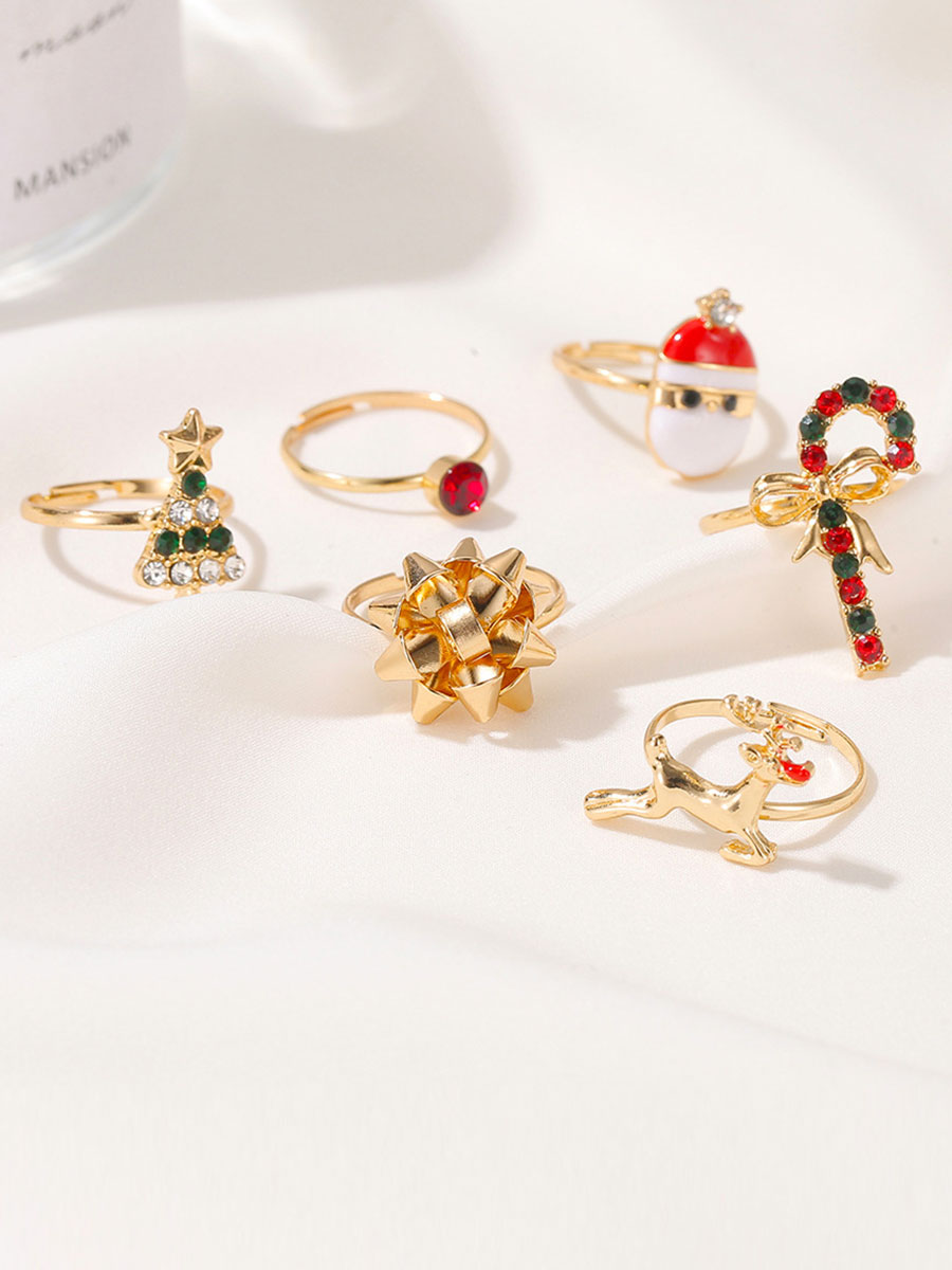 Christmas Cute Cartoon Elk Christmas Tree Ring 6 piece Set Drip Oil Opening Adjustable Ring