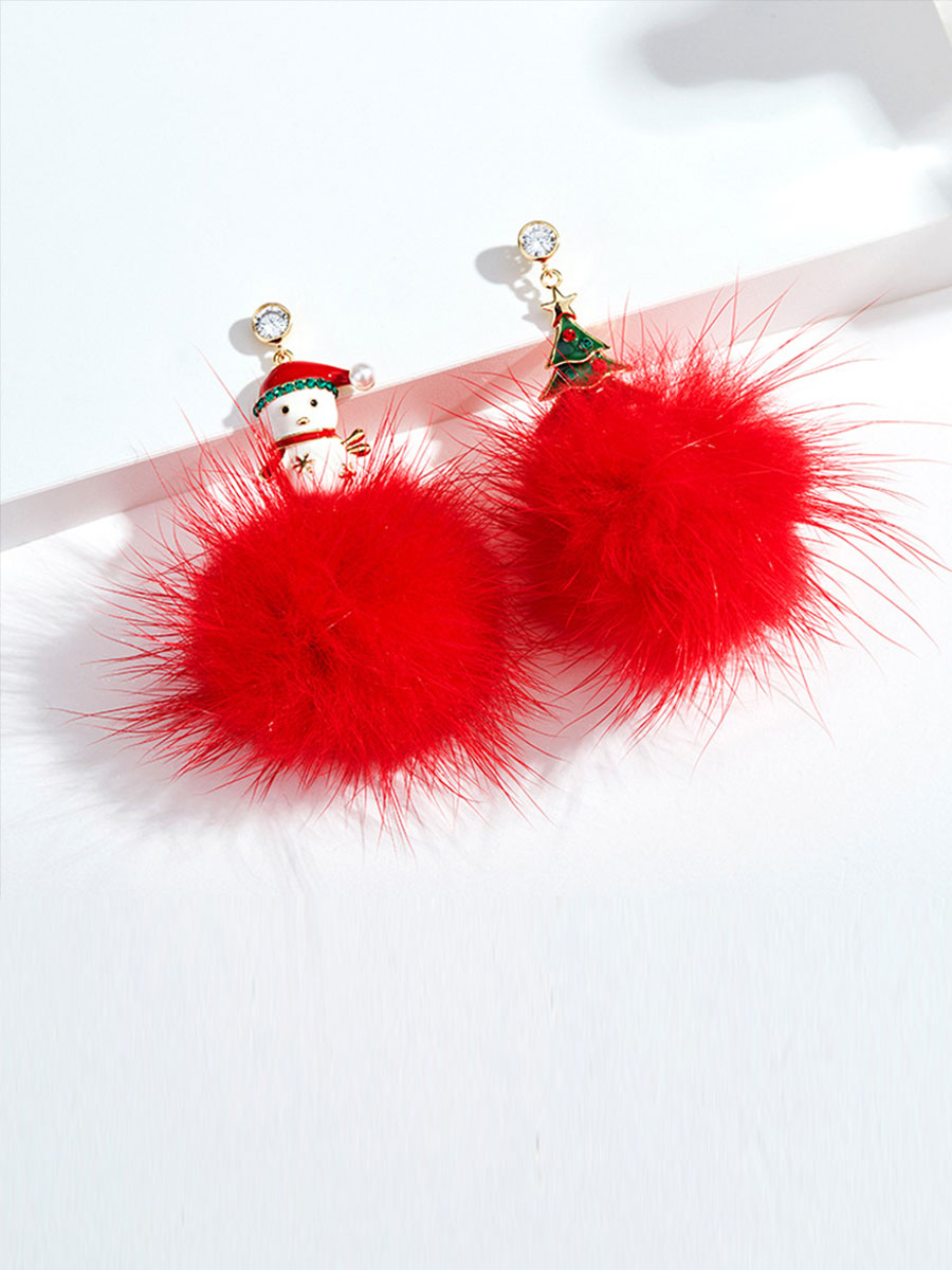 Christmas Tree Snowman S925 Silver Needle Drop Oil Inlaid Diamond Hair Ball Asymmetric Retro Stud Earrings