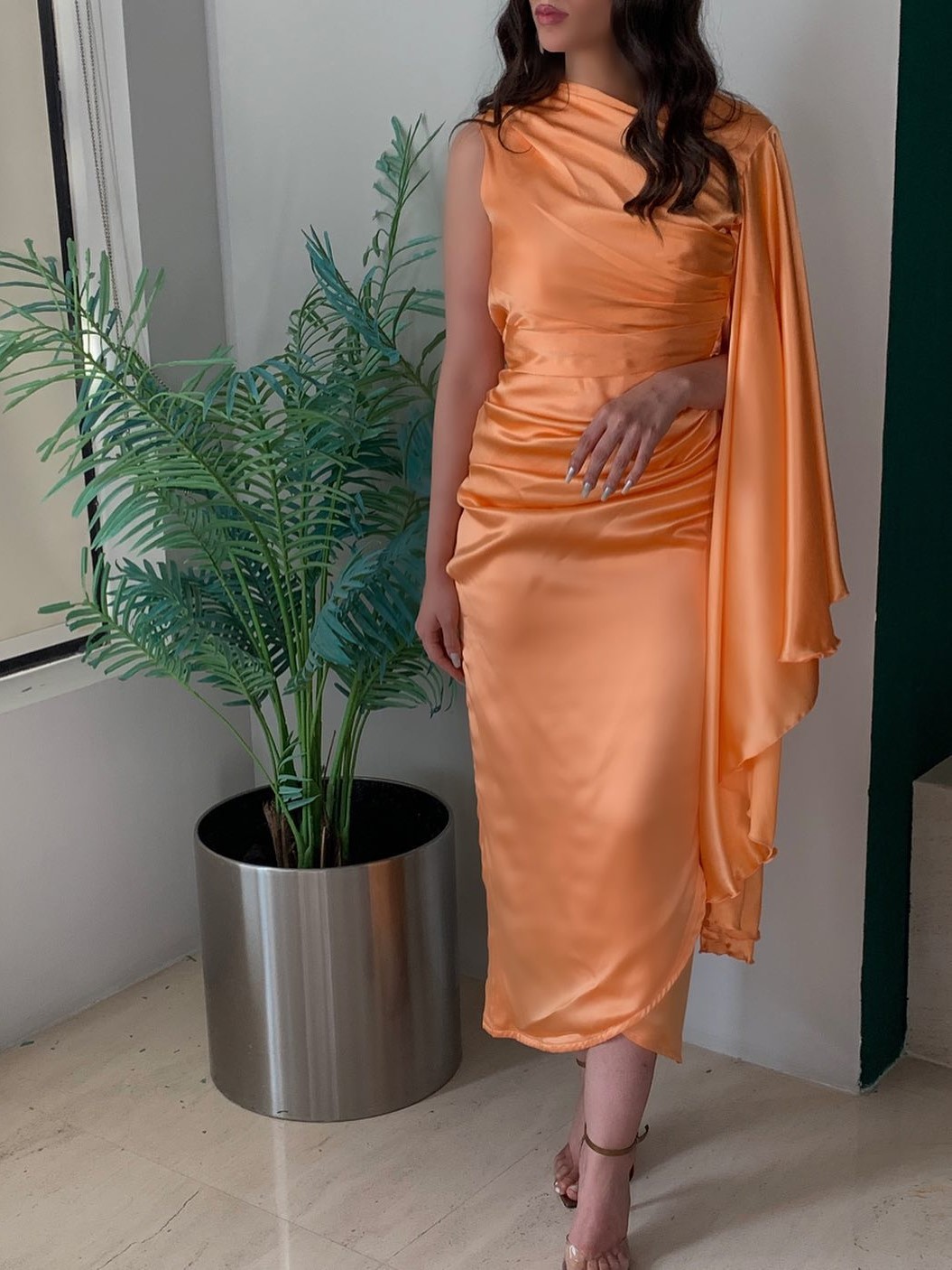 Women's Elegant Simple Pink Orange Satin Asymmetric Design Dress