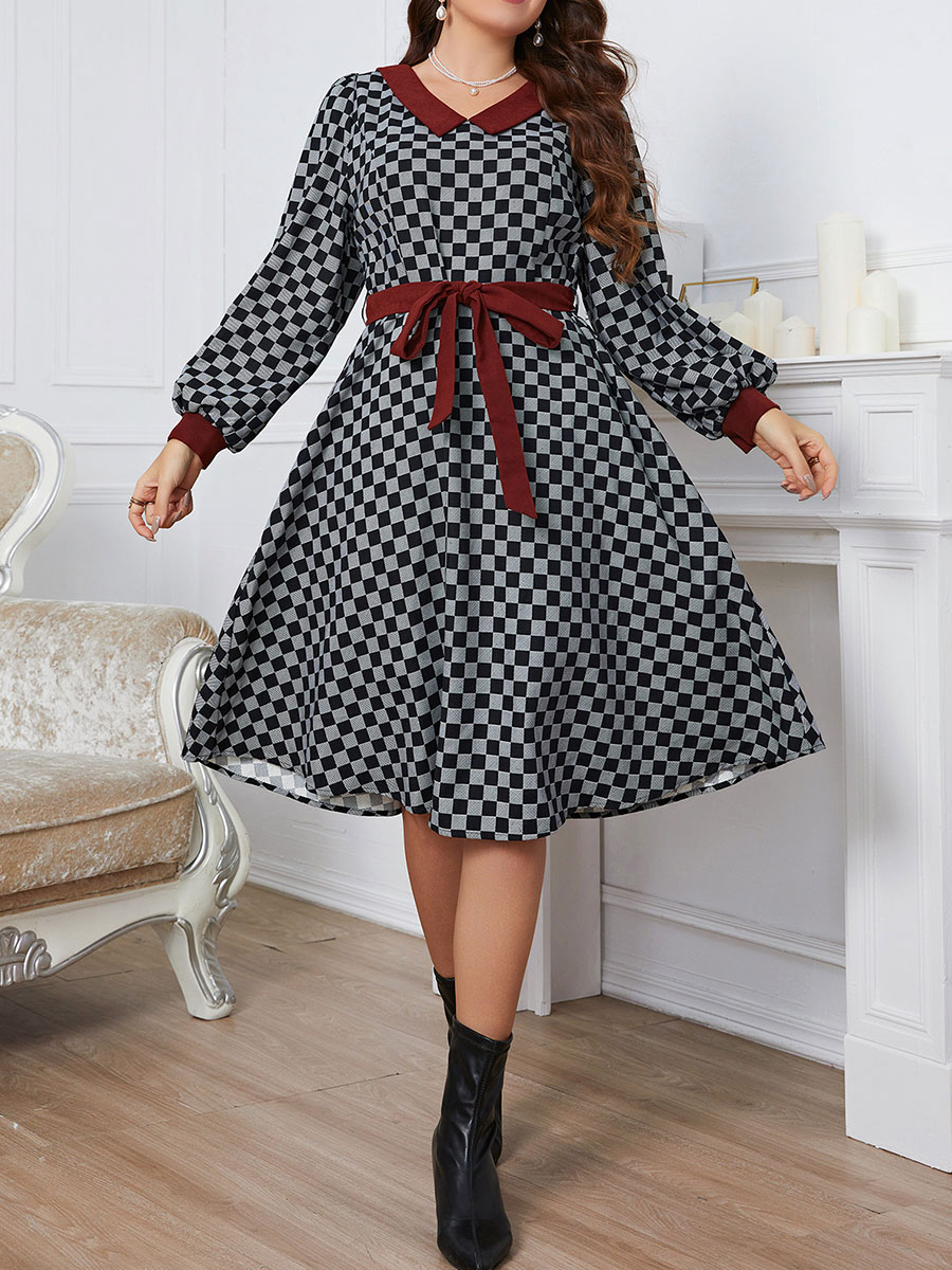 Plaid Waist V neck Midi Dress
