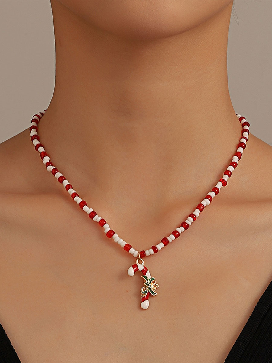 Christmas Red Rice Bead Crutches Collarbone Chain Ethnic Style Necklace