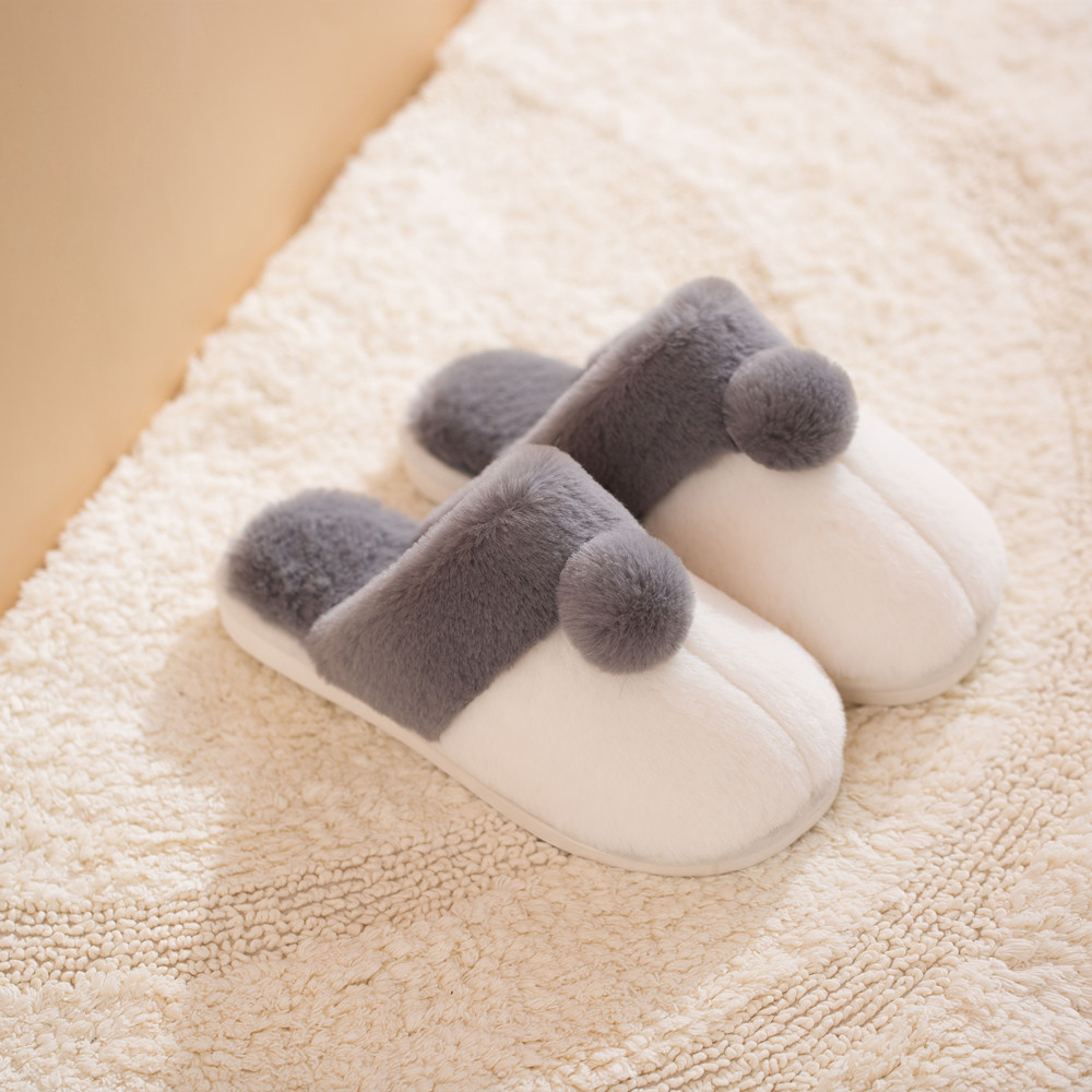 Home Round Rabbit Fur Plush Flat Heel Cotton Slippers