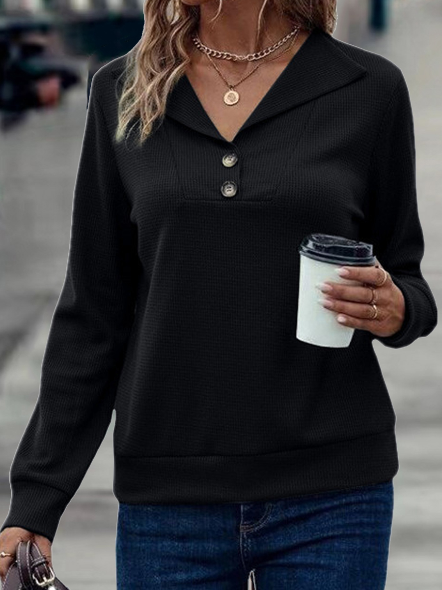 Casual Solid Color Lapel Long Sleeve T Shirt