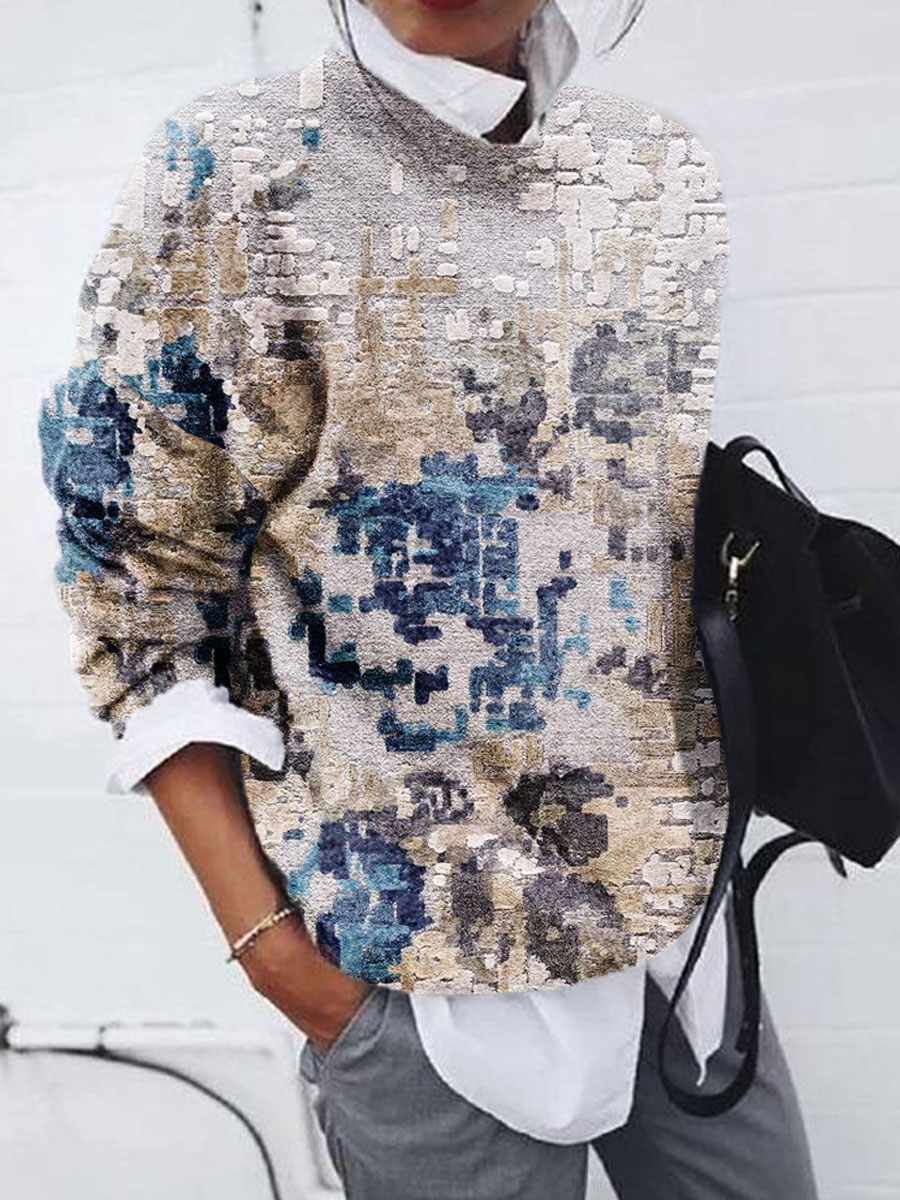 Turtleneck Casual Loose Vintage Print Knit Pullover