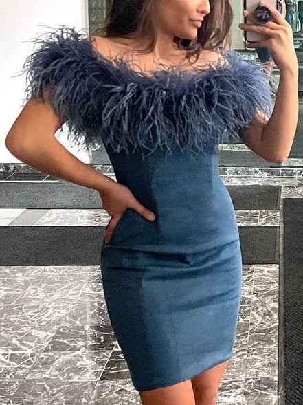 Women's Fashion Sexy Feather Neck Slim Fit Gray Blue Dress