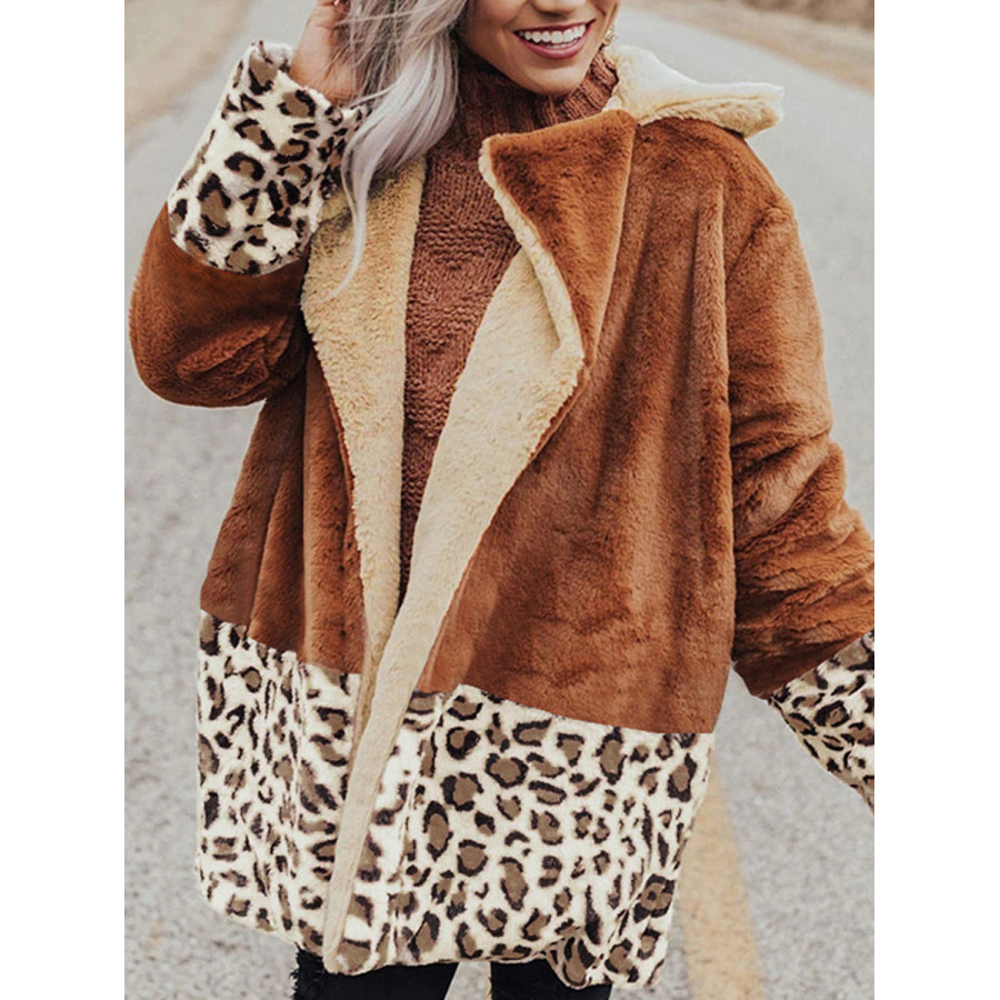 

Casual Leopard-Painted Lapel Plush Thermal Long-Sleeve Coat