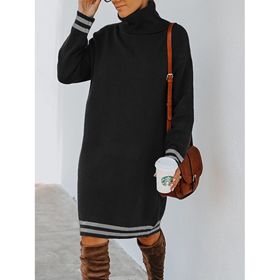 

Casual Solid High Neck Long Sleeve Knit Short Dress