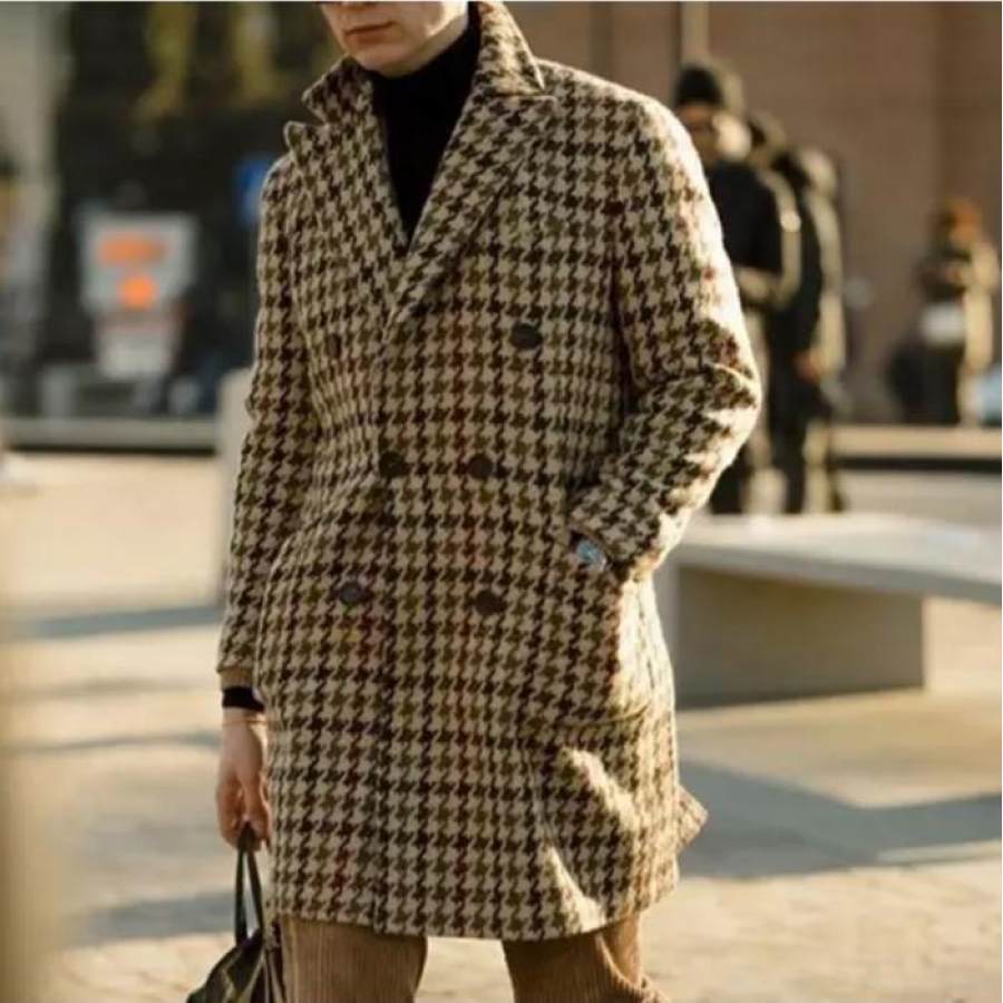 

Men's Oversized Vintage Casual Houndstooth Plaid Woolen Trench Coat