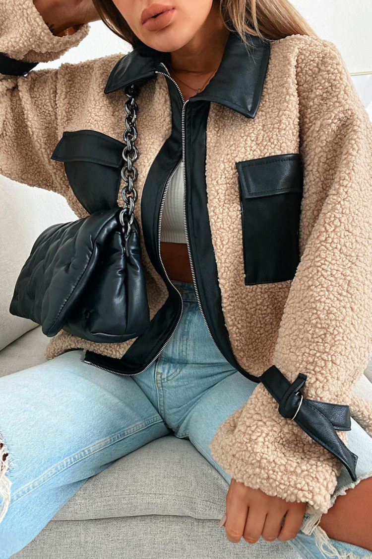 Women Fashion Polar Fleece PU Patchwork Jacket