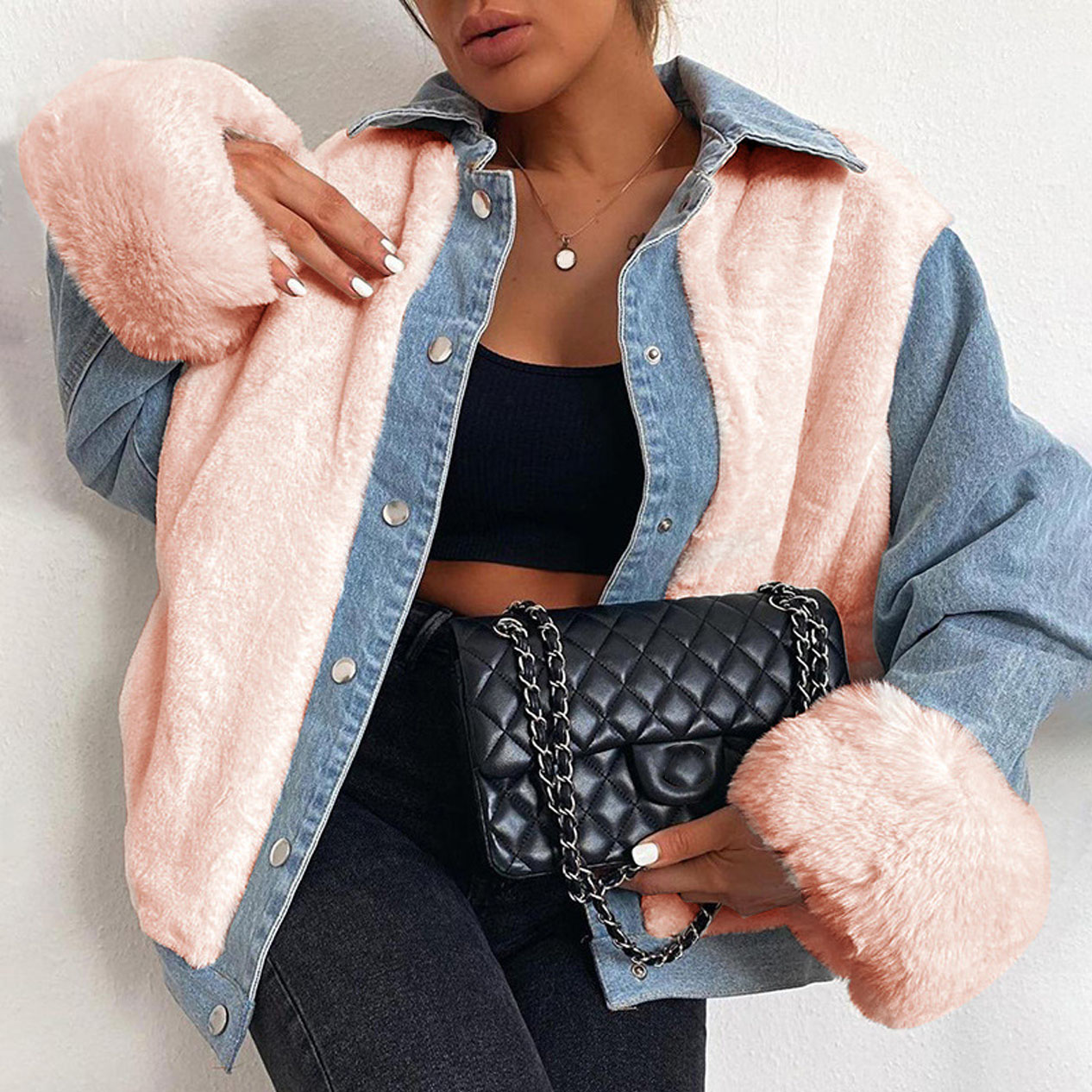 Women Thickened Plush Denim Patchwork Coat Jacket