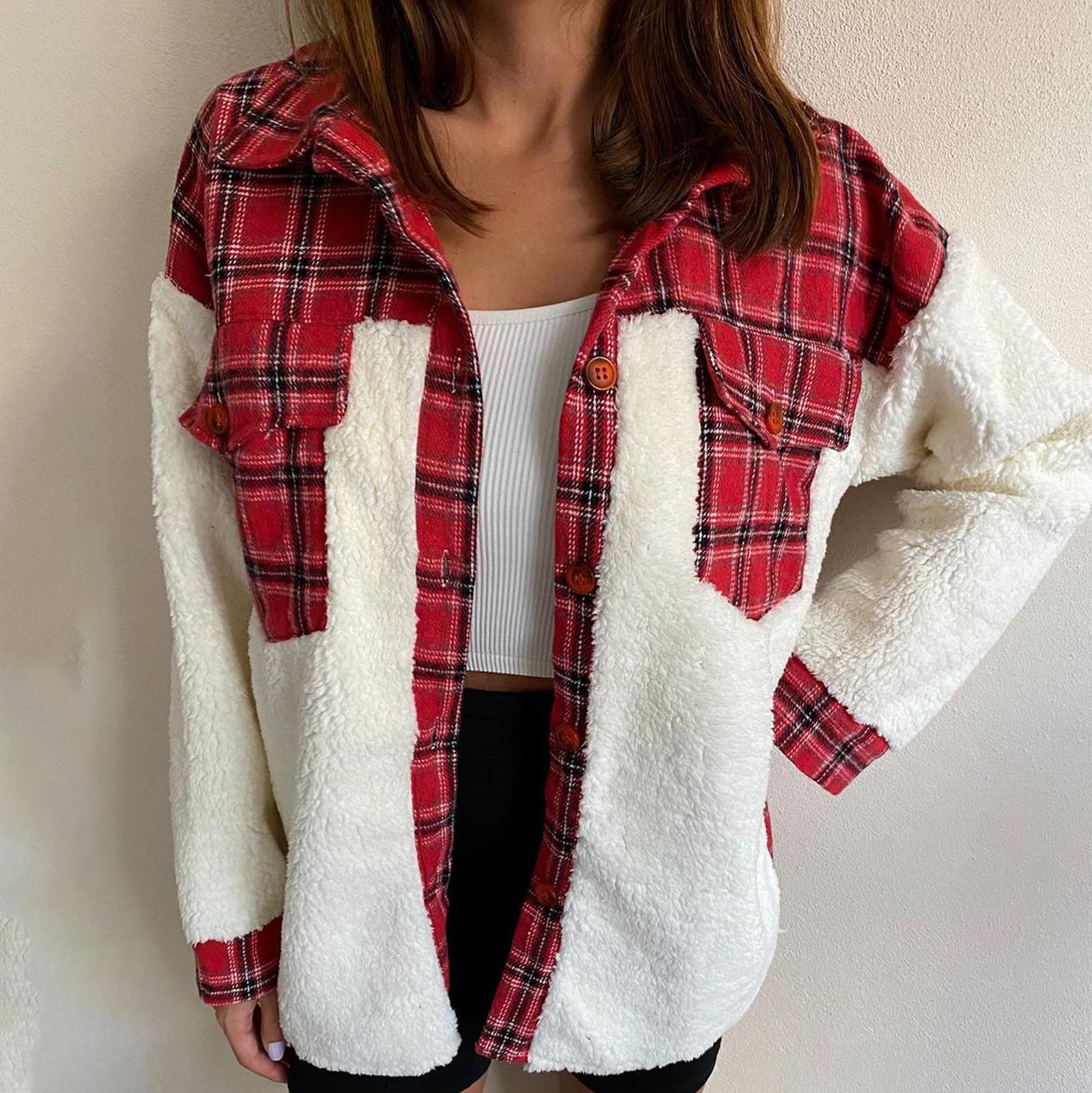 Women Vintage Plaid Fleece Patchwork Jacket