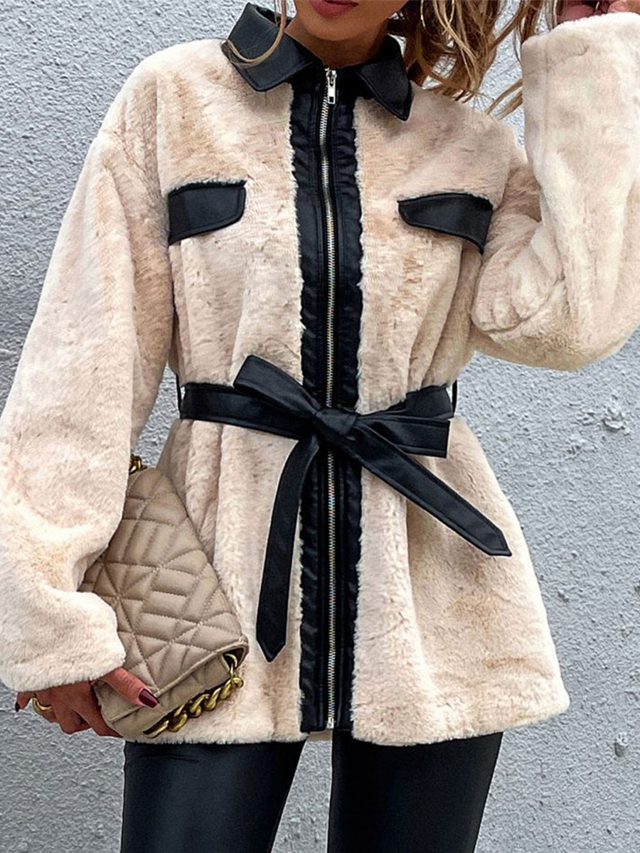 Lapel Long Sleeve Contrast Mid length Plush Jacket
