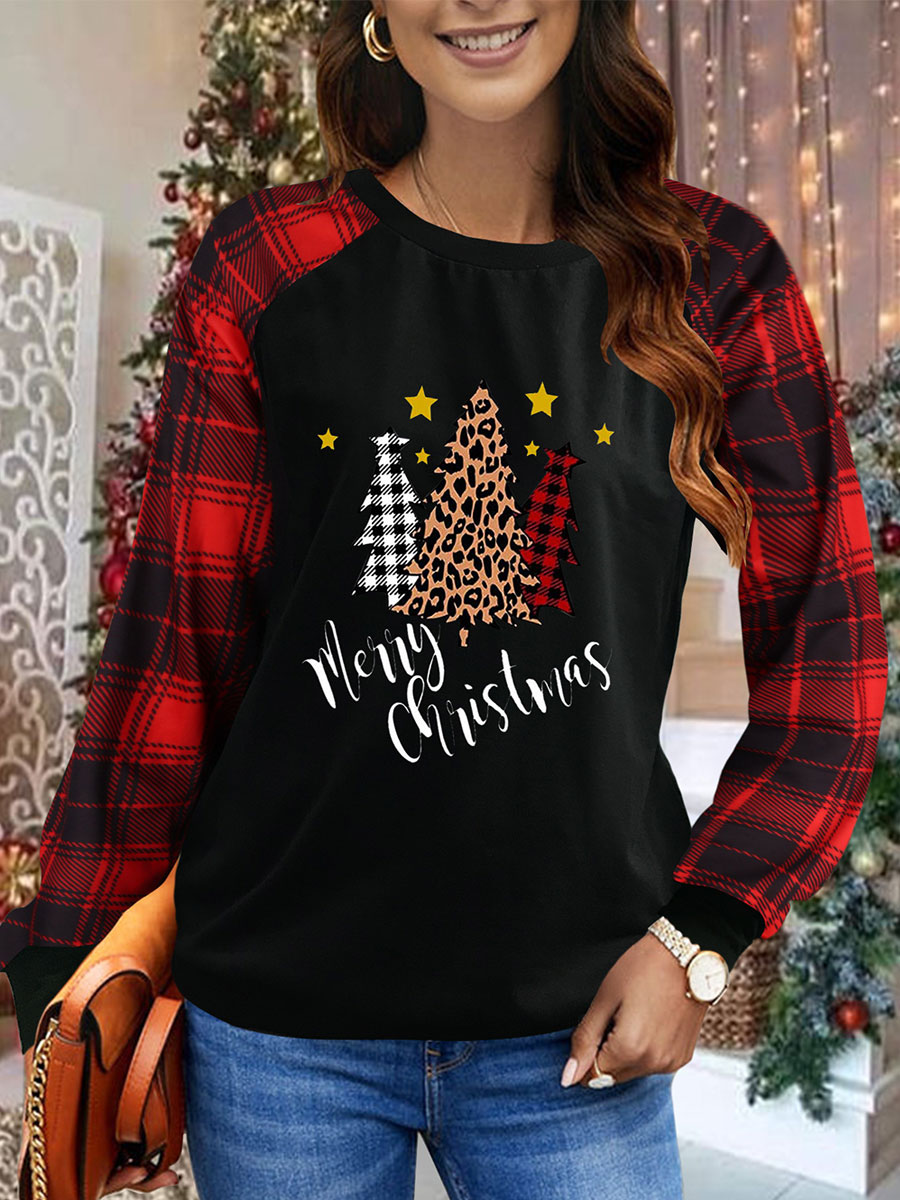 Christmas Wine Glass Women's Sweatshirt Crew Neck Long Sleeve Leopard T shirt