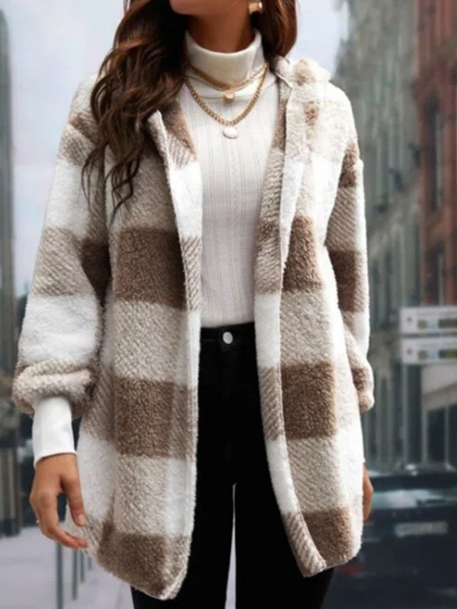 Woolen Jacket Hooded Plaid Warm Long Sleeve Loose Buttonless Design Coat