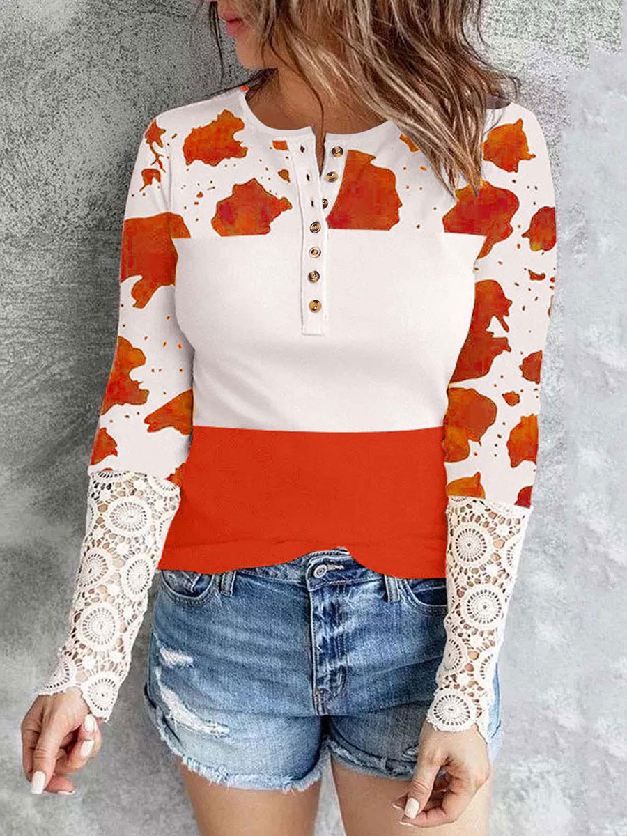 Crew Neck Printed Long Sleeve Lace T Shirt