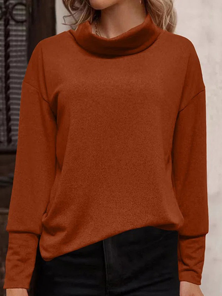 High Collar Casual Loose Solid Color Long Sleeve Knitted Pullover