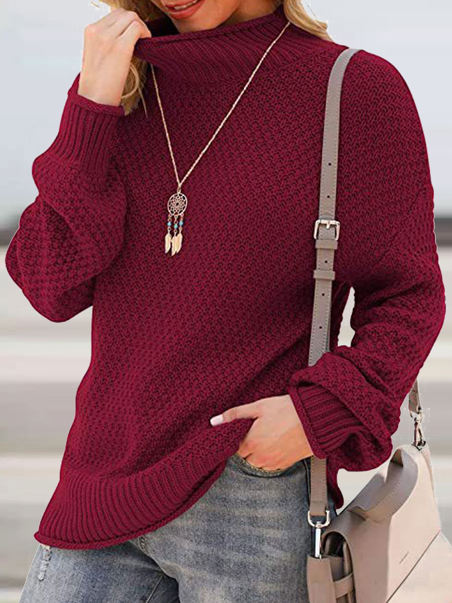 High Collar Casual Loose Solid Color Long Sleeve Knitted Pullover