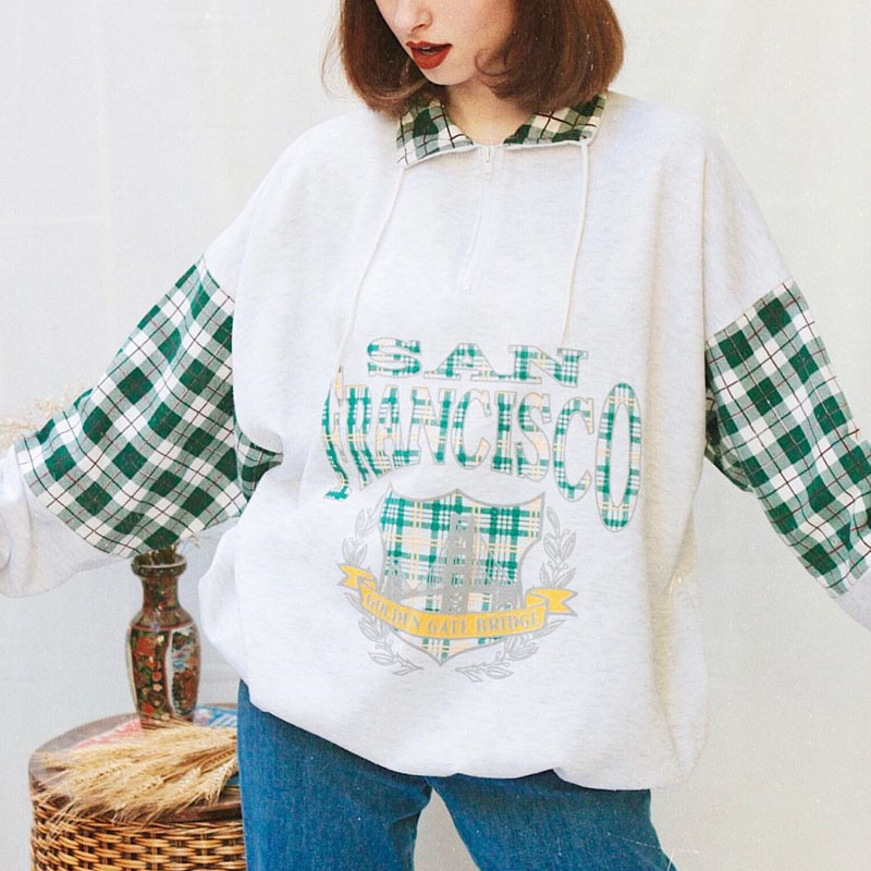 Women Vintage Plaid Patchwork Zip Sweatshirt