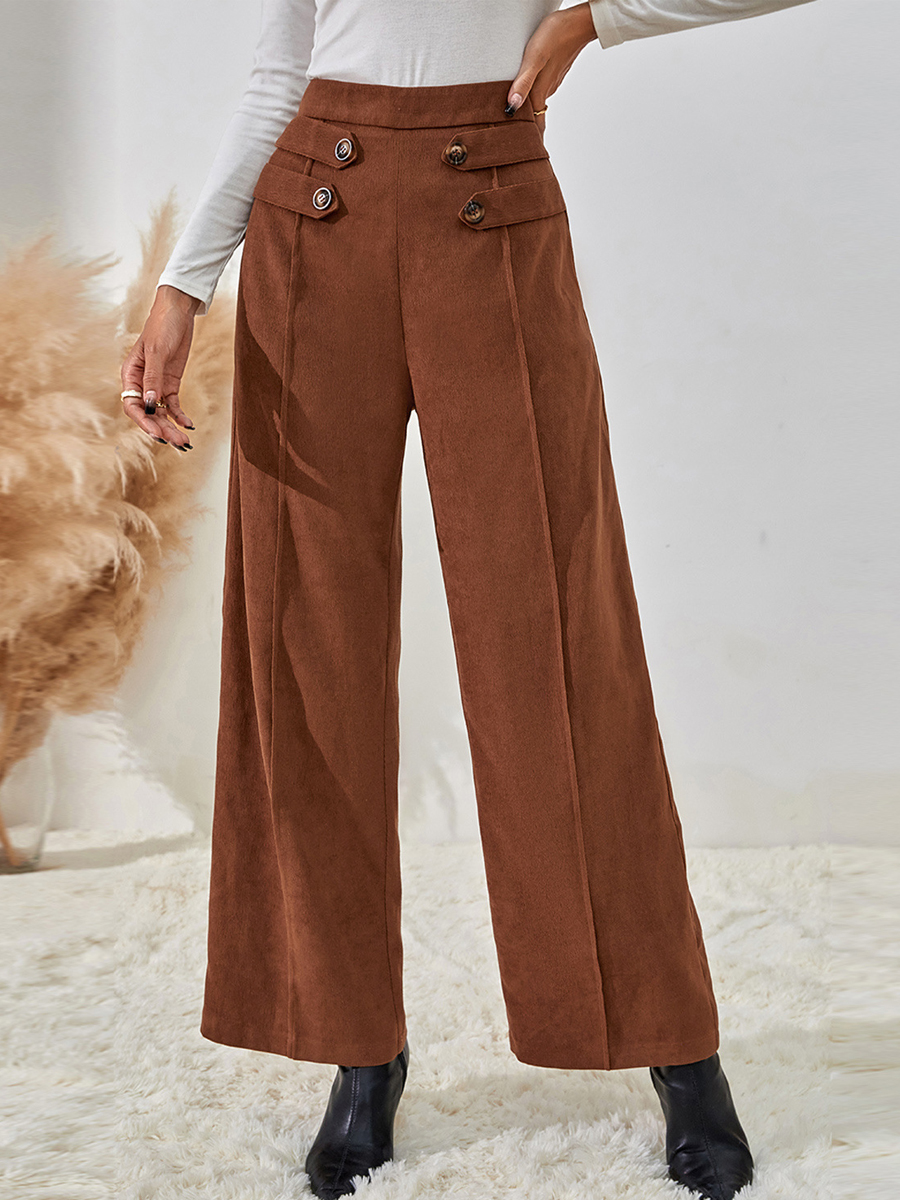 Casual Solid Color Button High Waist Straight Leg Wide Leg Pants