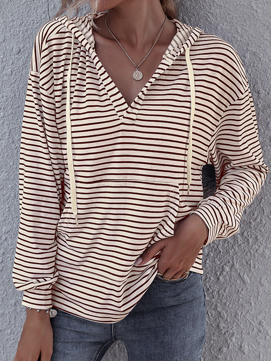 Casual Striped Hooded Long Sleeved T Shirt