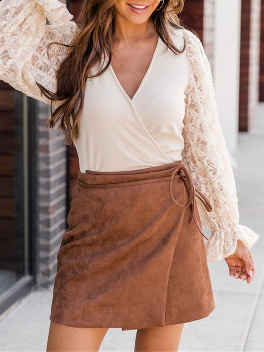 Solid V neck Lace Panel Long Sleeve T shirt