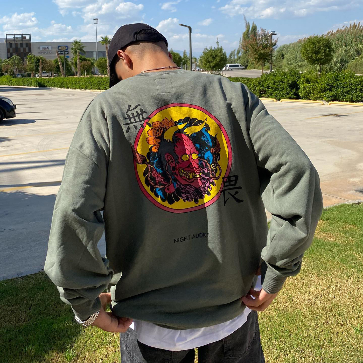 Oversized Retro Casual Men's Japan Print Pullover Sweatshirt