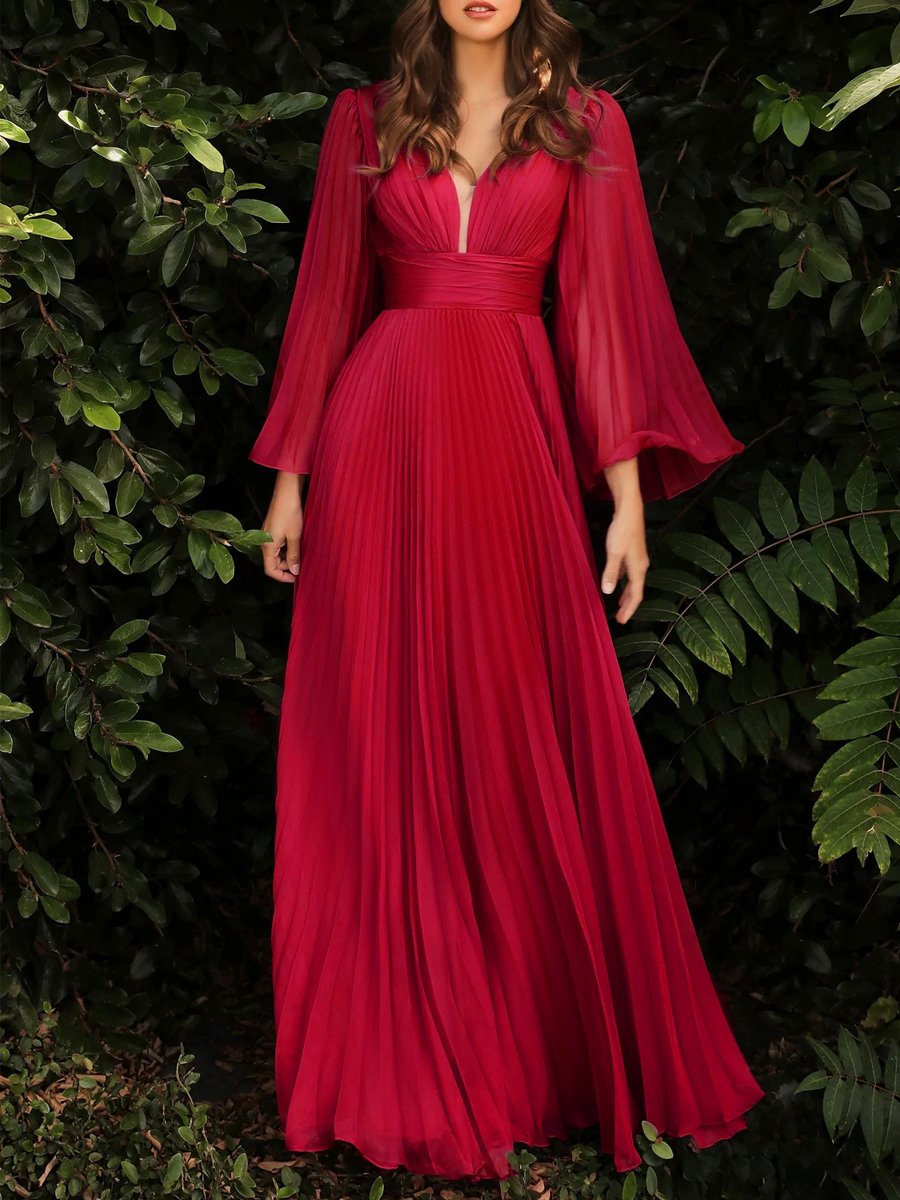Women's Elegant Sexy Deep V Pleated Bell Sleeve Mesh Chiffon Gown High Waist Dress