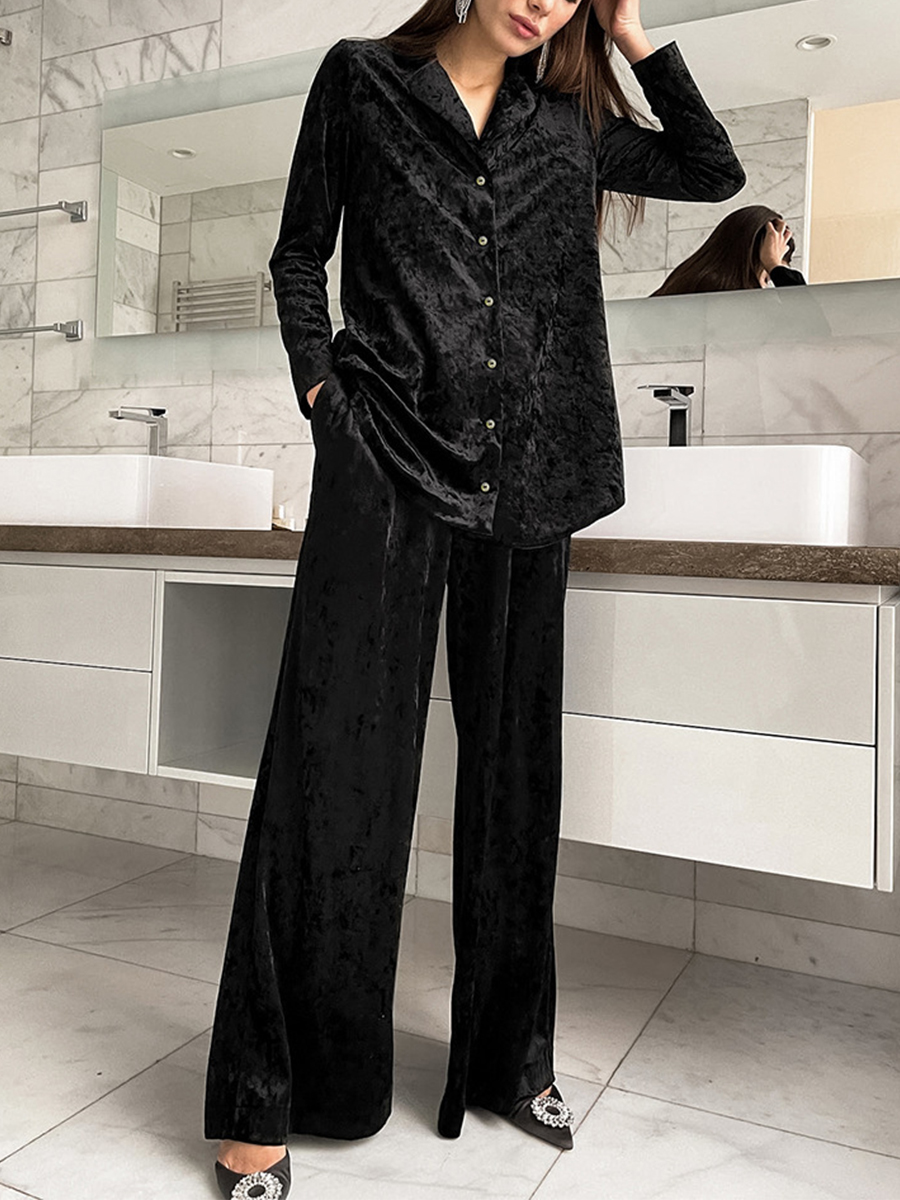 Ladies Elegant Fashion Shirt Velvet Long Sleeve Trousers Texture Suit