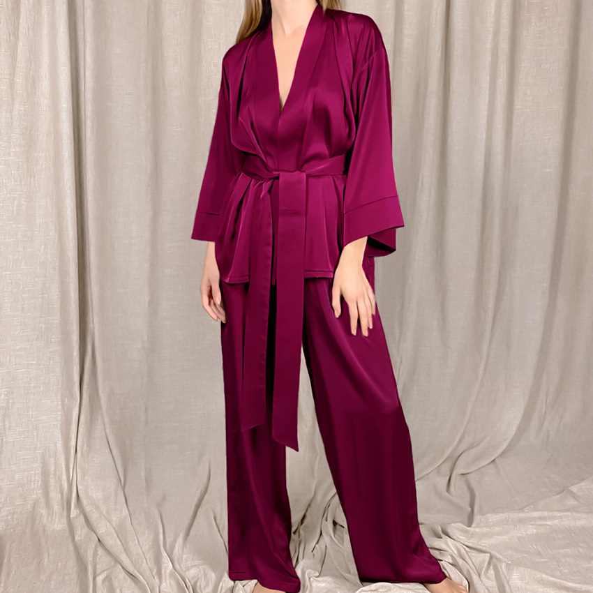 Ladies Elegant Fashion Satin Satin Cardigan Lace Up Solid Color Loose Casual Suit