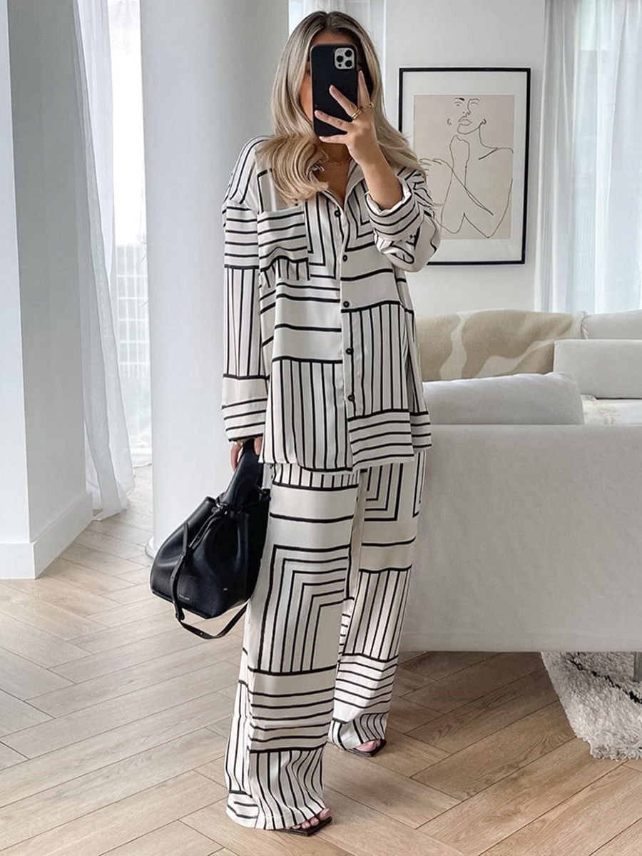 Ladies Elegant Design Irregular Striped Long sleeved Trousers Two piece Casual Suit