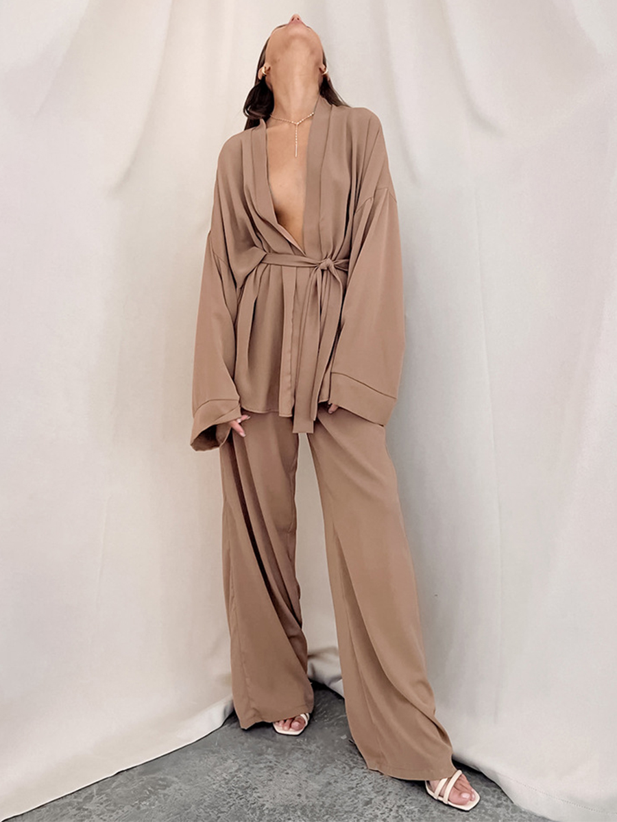 Ladies Elegant Fashion Long Sleeve Loose Trousers Two Piece Set Solid Color Suit