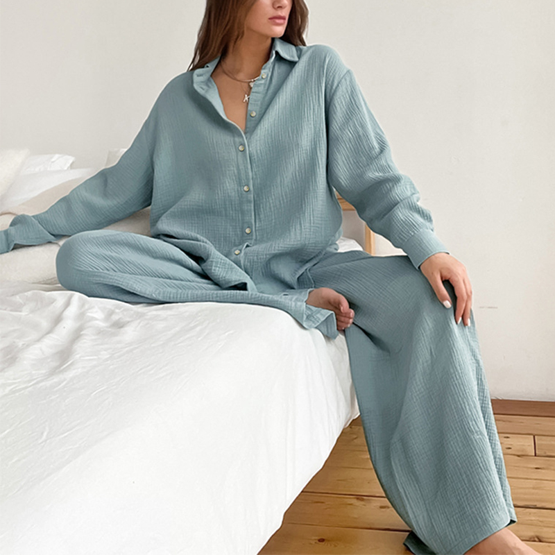 Ladies Elegant Fashion Casual Loose Shirt Trousers Two Piece Set Solid Color Suit