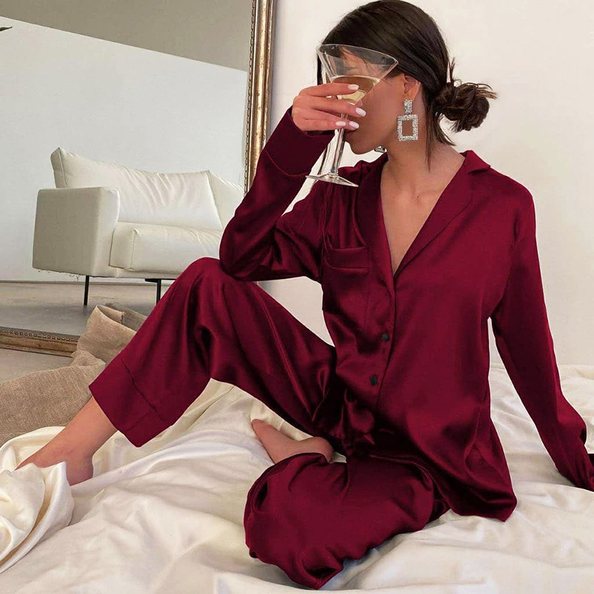 2022 Spring Long sleeved Trousers Women's Pajamas Can Be Worn Outside European And American Suits Foreign Trade Satin Satin Fashion Home Clothes