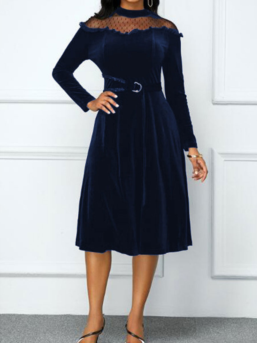 Fashion High Waist Lace Mesh Panel Gold Velvet Swing Dress