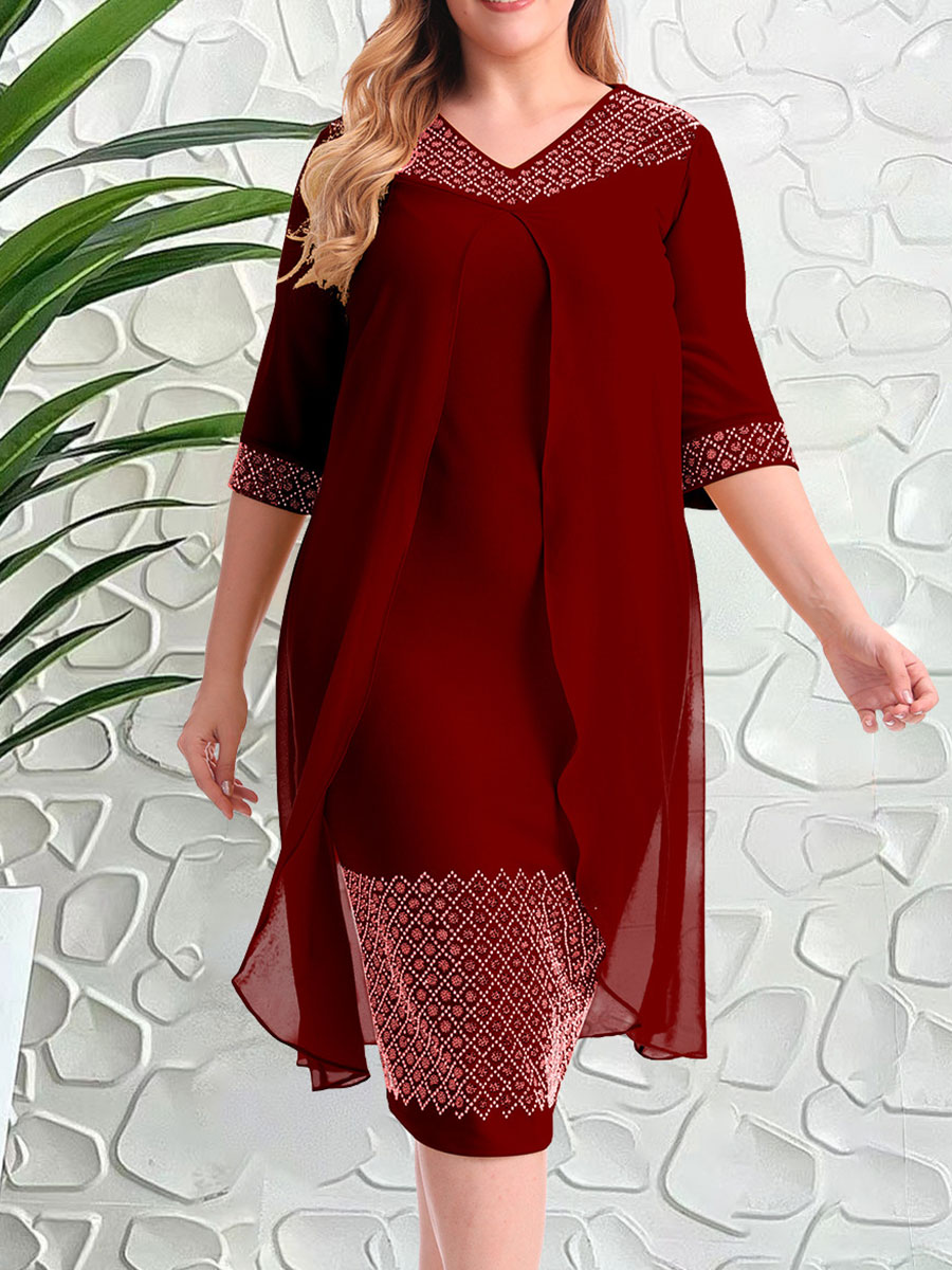 Temperament Slim Fit Hot Diamond Chiffon Cape Fake Two piece Dress