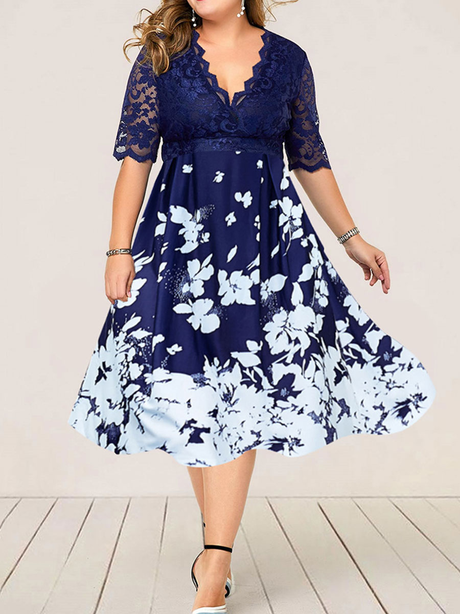 V neck Printed Lace Panel Dress
