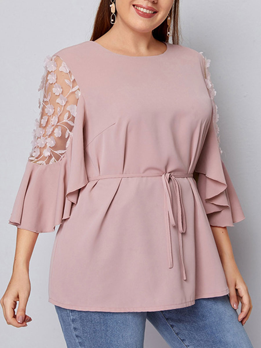 French Crew Neck Solid Color Fashion Pink Top
