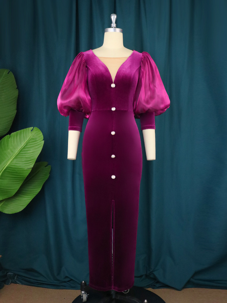Women's Elegant Retro Velvet Mesh Lantern Sleeve V Neck Slit Dress