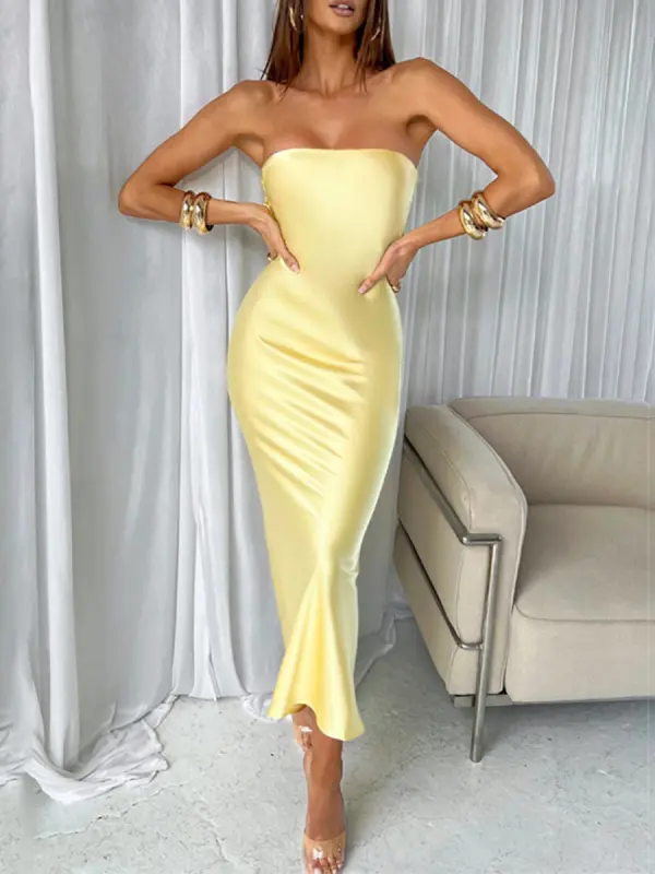 Ladies Elegant Fashion New Solid Color Backless Temperament Slim Party Gathering Dinner Tube Top Dress - Clubester.com 