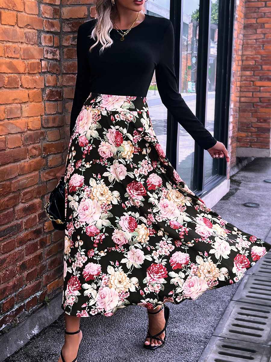 Long Sleeve Crew Neck Floral Dress