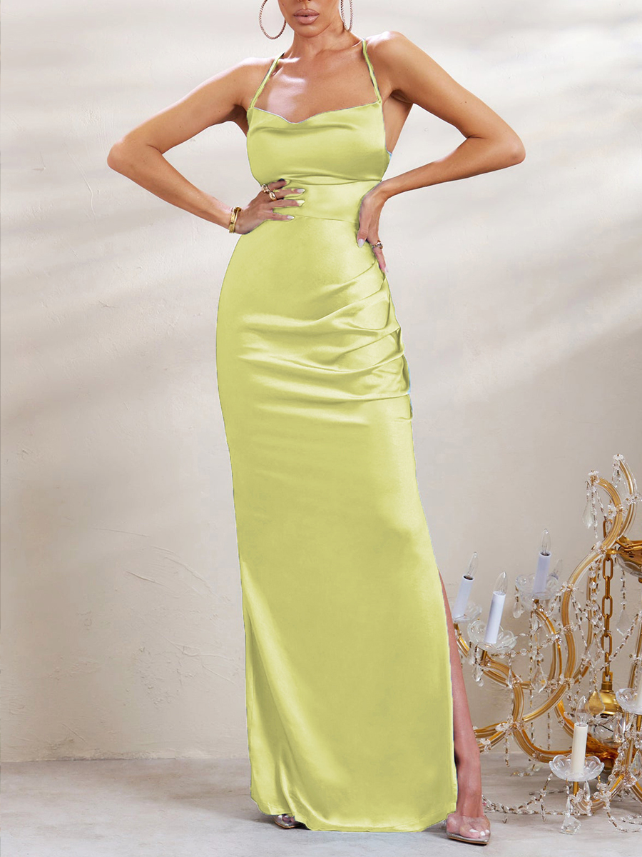 Ladies Elegant Fashion Design Dinner Party Satin Backless Slit Long Dress Slip Dress