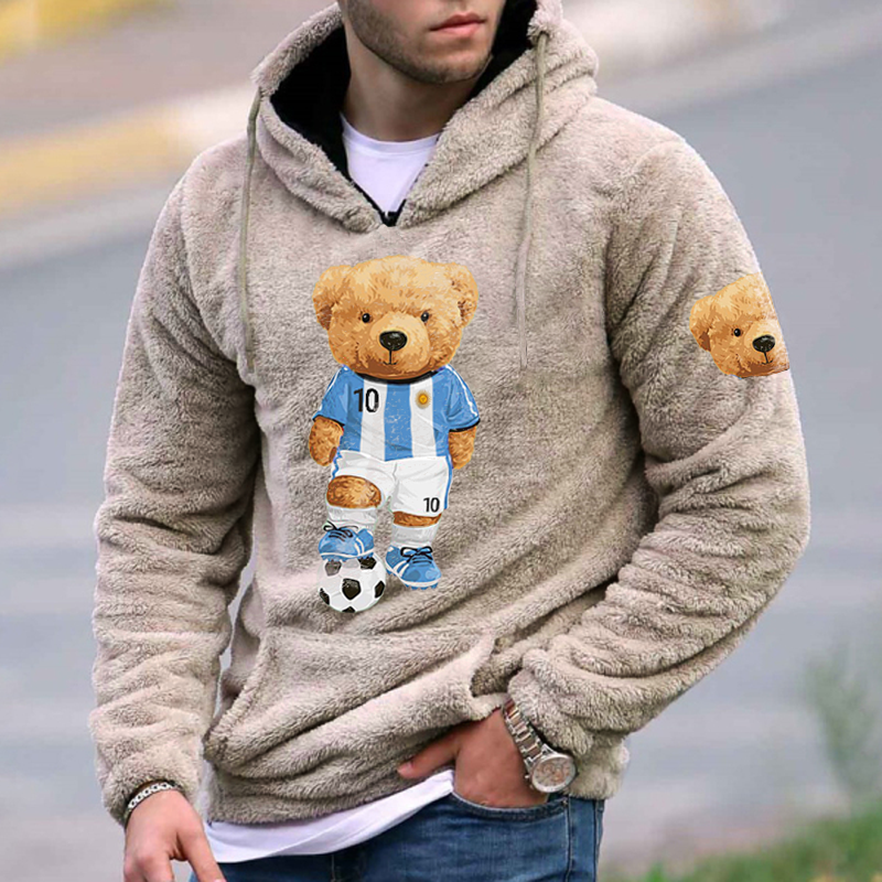 Football Bear Embroidered Men's Hooded Plush Sweatshirt