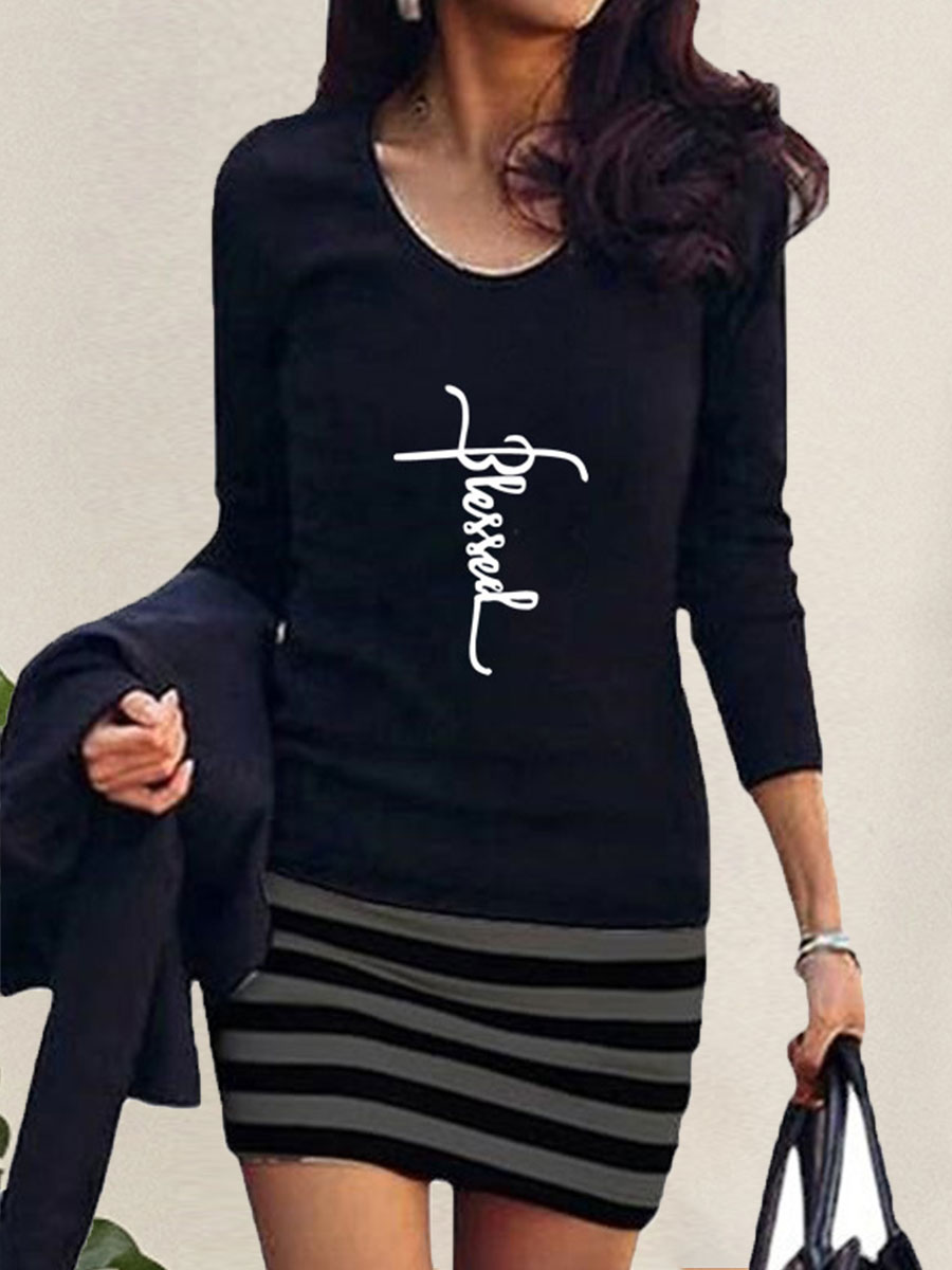 Cross Fashion Crew Neck Long Sleeve Striped Dress