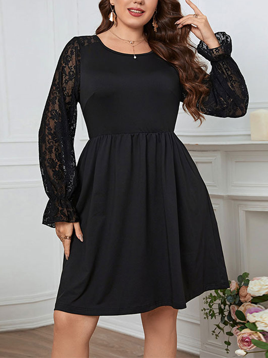 Lace Panel Sleeves Crew Neck Solid Midi Dress