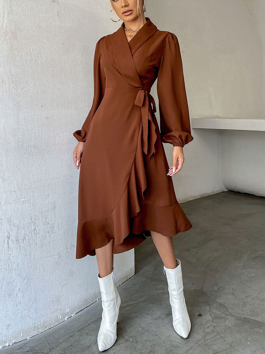 Solid Ruffle Tie Long Sleeve Dress