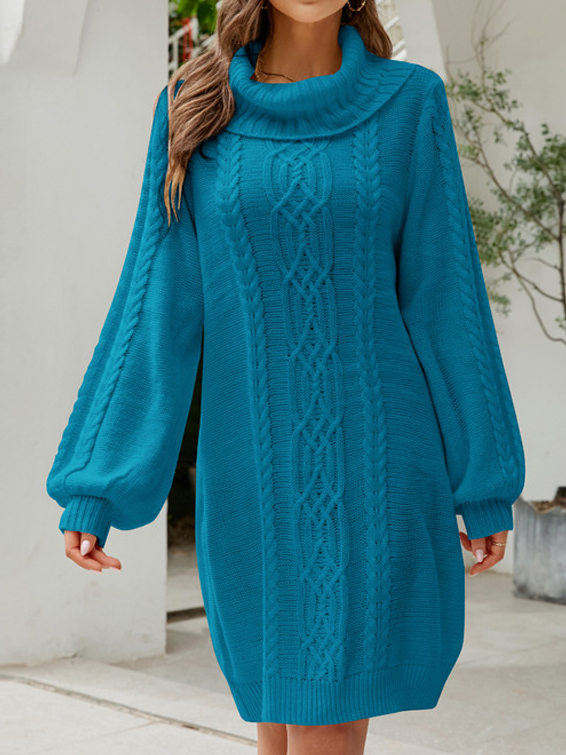 Casual Loose Solid Color Chic High Neck Long Sleeve Knitted Short Dress