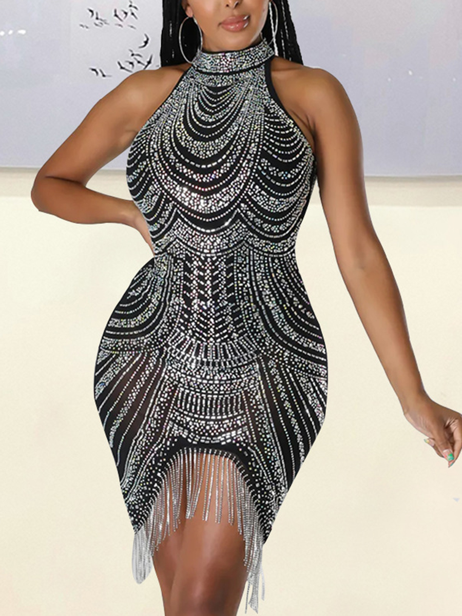 Ladies Elegant Fashion New Mesh Ironing Diamond Dinner Party Tassel Girl Dress