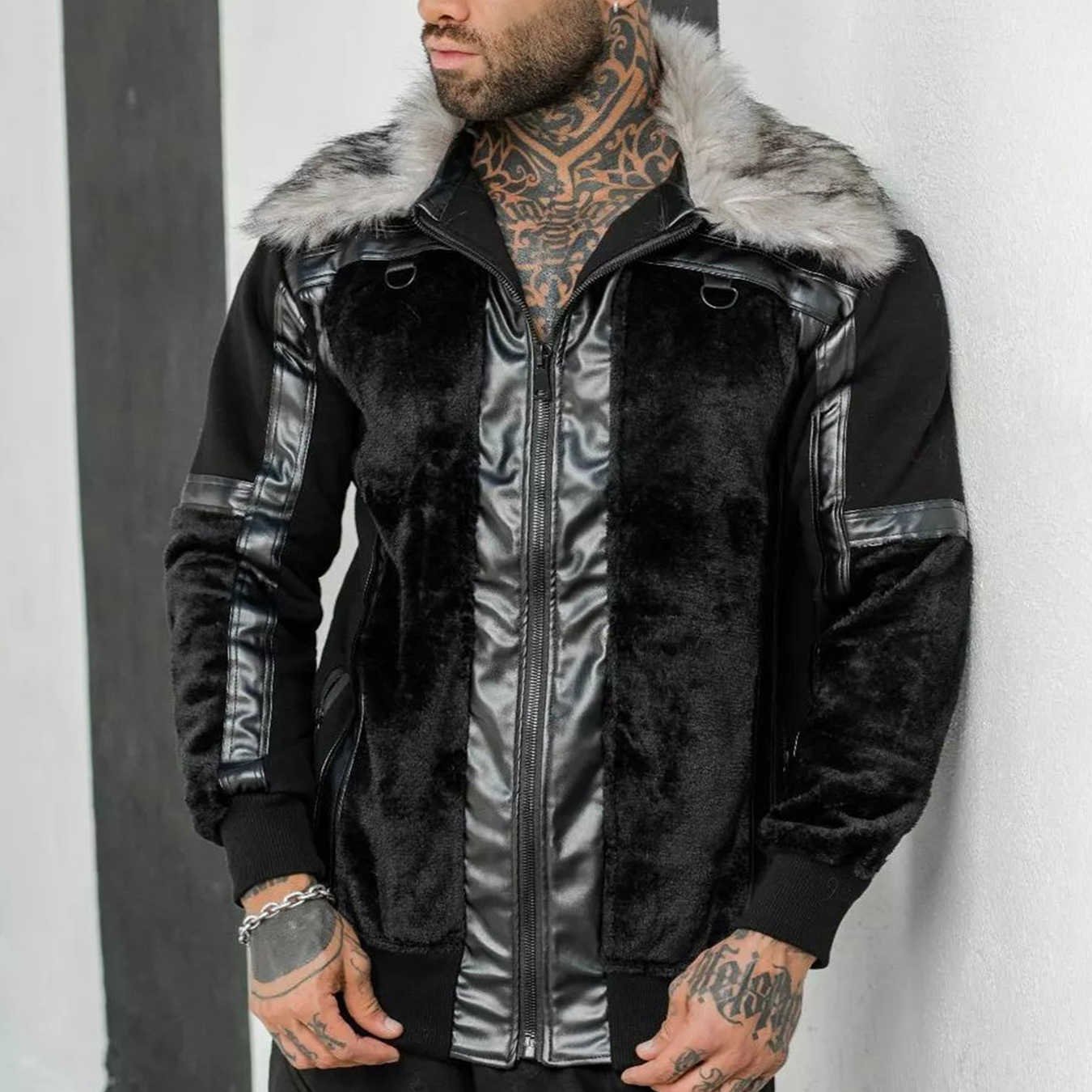 Men's Personalized Color Matching Stitching Outdoor Motorcycle Functional Wind Multi functional Lapel Fur Collar Jacket